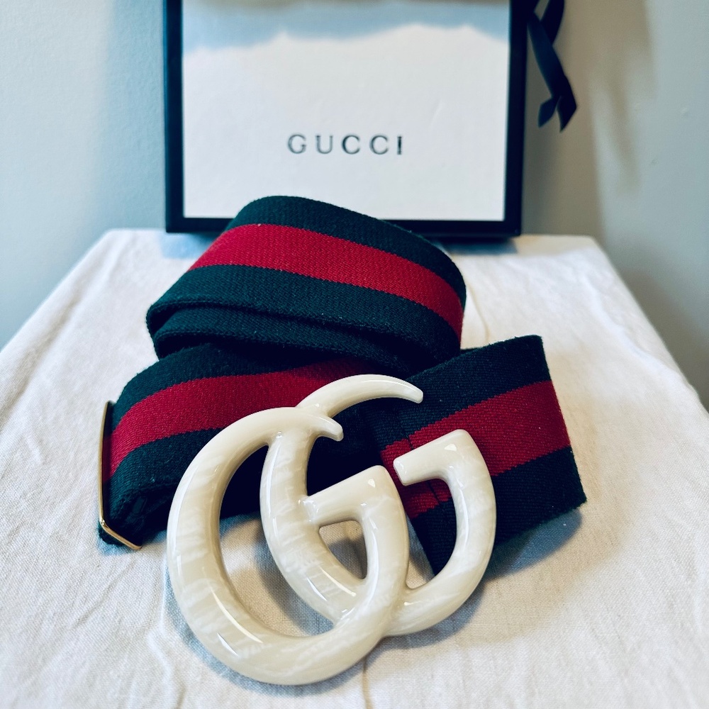 Gucci Green Web Elastic Fabric Marble Effect Double G Buckle Belt